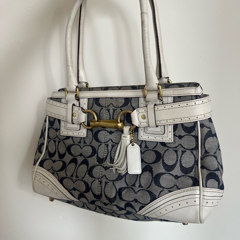 Coach Y2K Navy Blue and White Shoulder Bag with Monogram Pattern